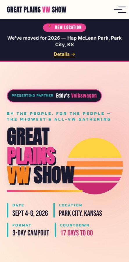 The Great Plains VW Show website shown on a phone